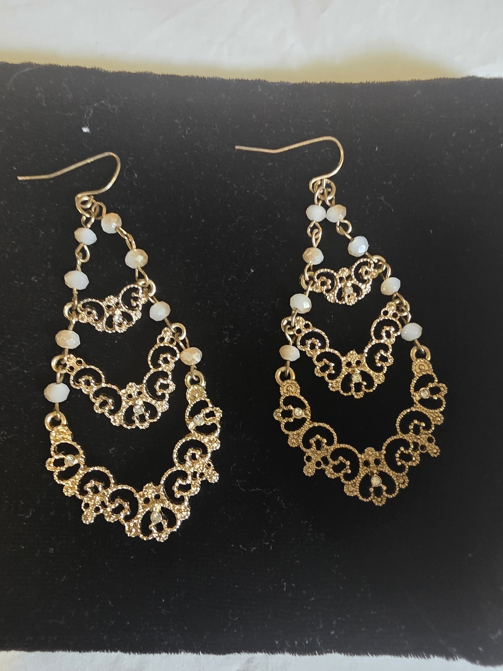 Gold Filigree Dangle Earrings with White Beads